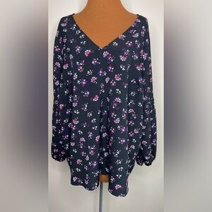 Lane Bryant Pullover Top Floral Print V Neck Black Long Balloon Sleeve Size 18